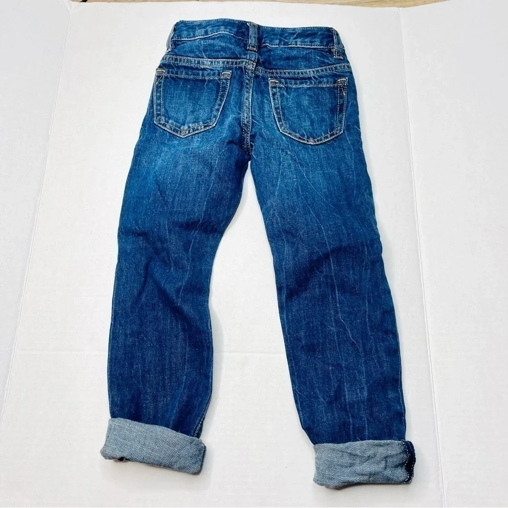 GAP Denim Distressed Girlfriend Jeans in 5 Slim with Adjustable Waist Dark Wash